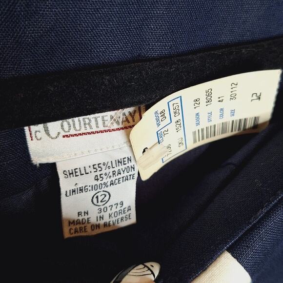 Vintage 90s Courtenay Linen Blend Off Shoulder Midi Shirt Dress M Navy Nautical - Picture 4 of 10